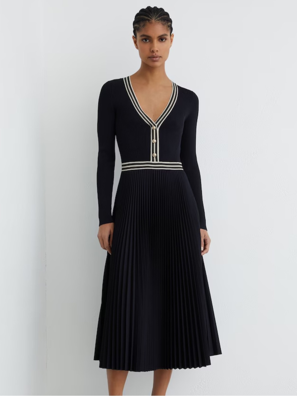 Reiss Gaia navy V-Neck Pleated Long-Sleeve Midi Dress